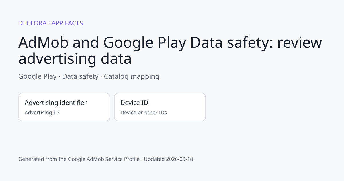 AdMob and Google Play Data safety: review advertising data: Google Play catalog mapping including Advertising identifier, Device ID.