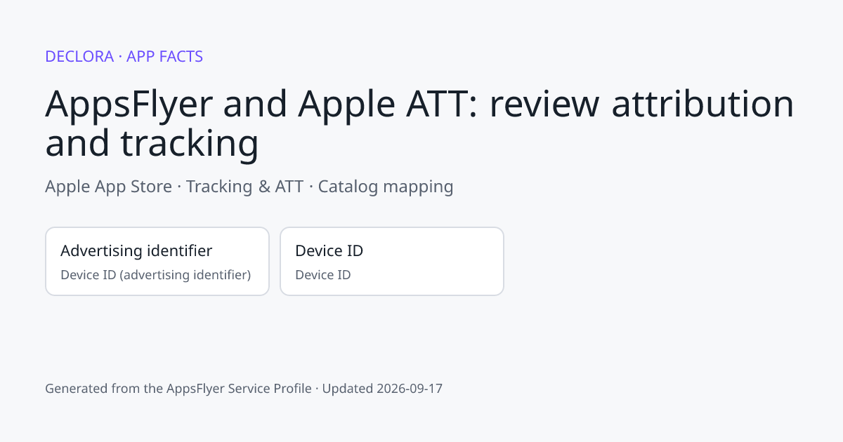 AppsFlyer and Apple ATT: review attribution and tracking: Apple App Store catalog mapping including Advertising identifier, Device ID.