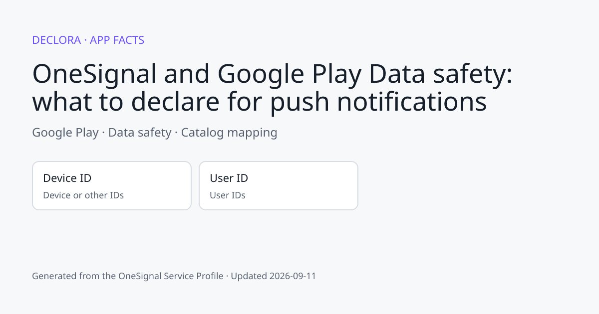 OneSignal and Google Play Data safety: what to declare for push notifications: Google Play catalog mapping including Device ID, User ID.