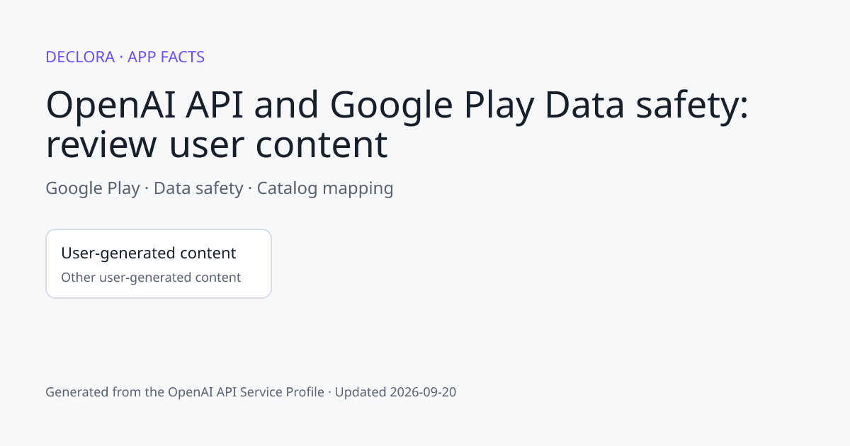 OpenAI API and Google Play Data safety: review user content: Google Play catalog mapping including User-generated content.