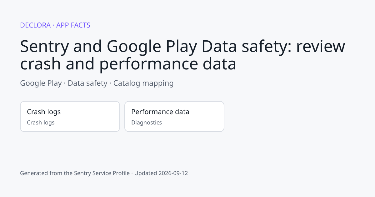 Sentry and Google Play Data safety: review crash and performance data: Google Play catalog mapping including Crash logs, Performance data.